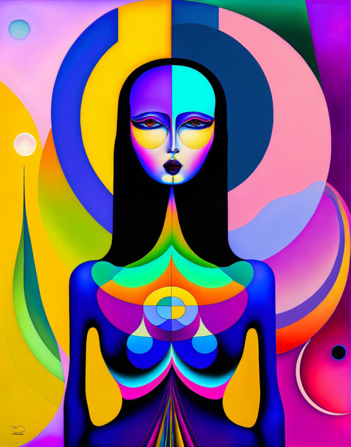 Colorful Abstract Portrait Featuring Stylized Woman Amid Flowing Shapes