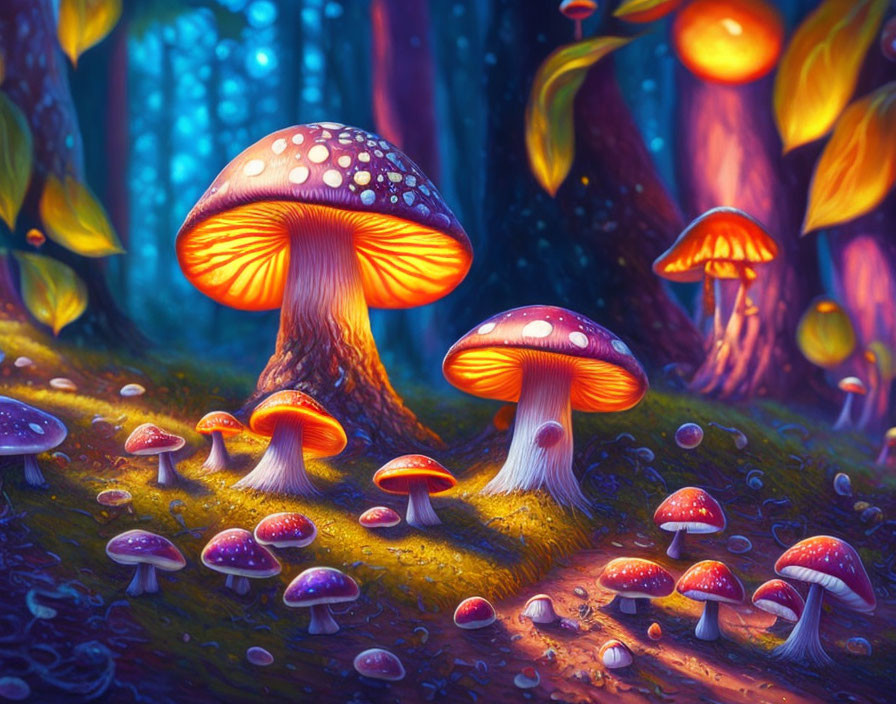 Colorful Illustration: Fantastical Mushroom Forest with Glowing Fungi