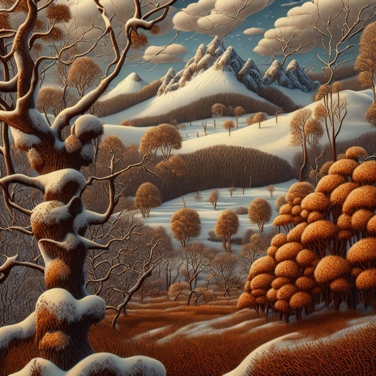 Surreal winter landscape with patterned trees and snowy hills