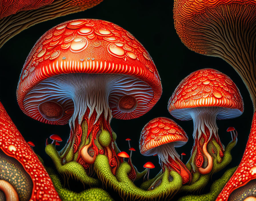 Detailed Stylized Red Mushrooms on Black Background with Green Tendrils