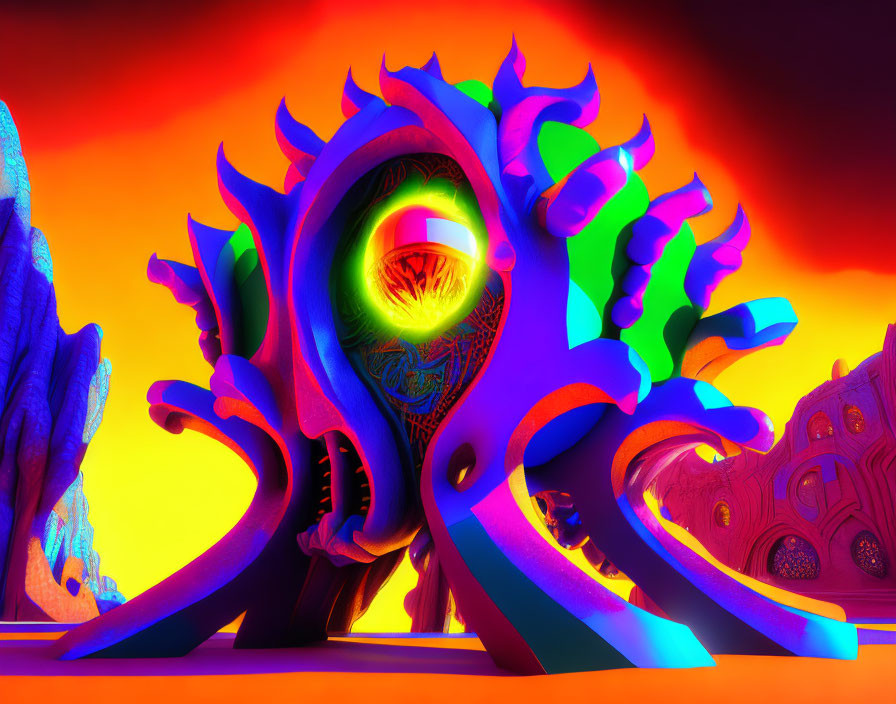 Colorful 3D surreal artwork: Eye in tentacle-like structure under orange sky