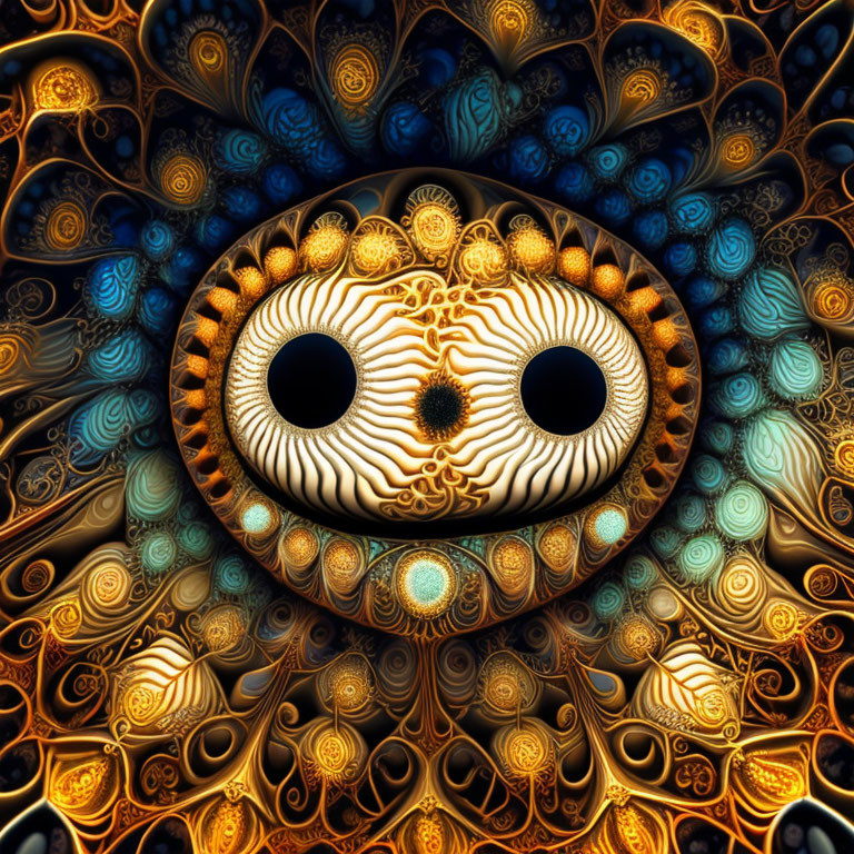 Symmetrical abstract fractal art with face-like pattern in golds and blues