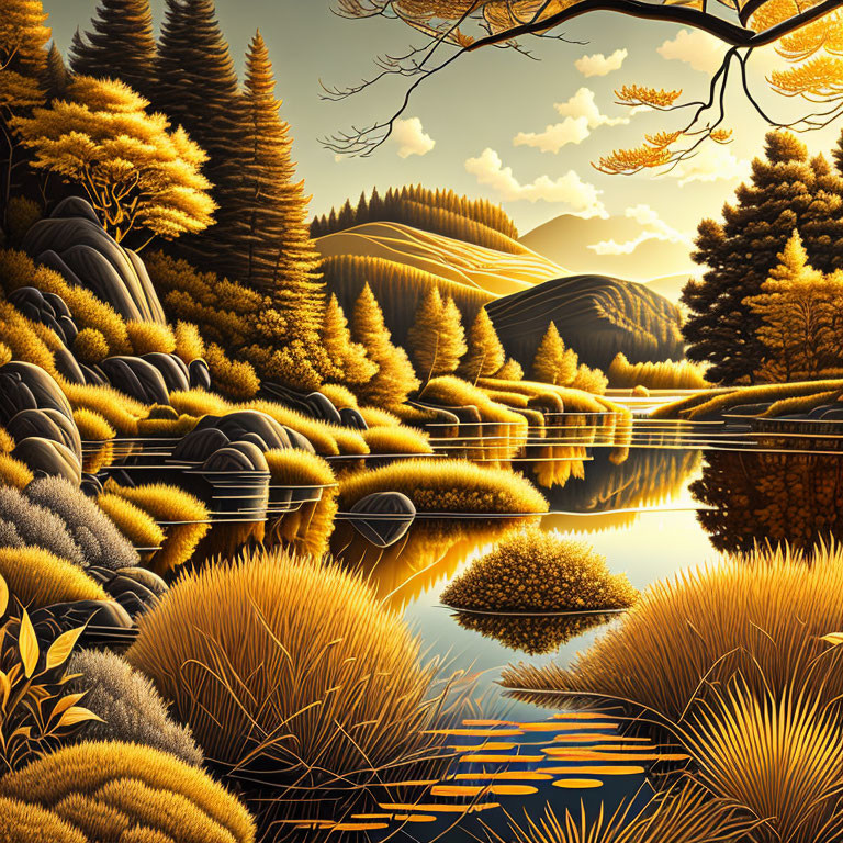 Tranquil Autumn Landscape with River and Golden Foliage