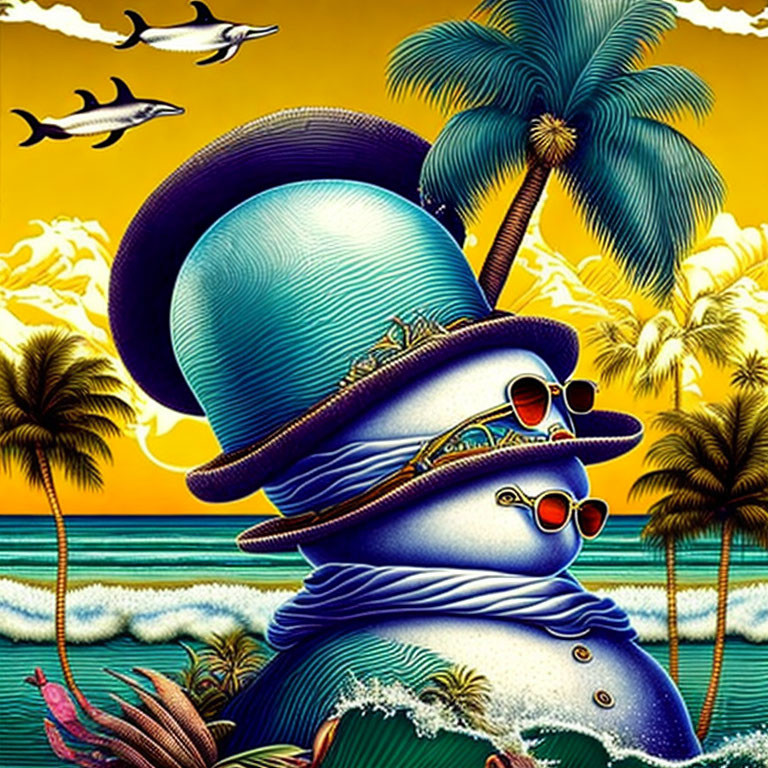 Surreal illustration of blue hats, sunglasses, watch, beach, palm trees, dolphins, fish