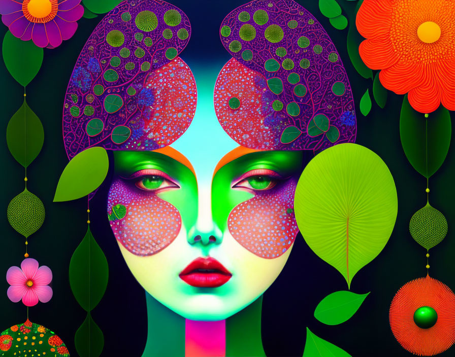 Colorful digital artwork of woman's face with neon flowers and leaves