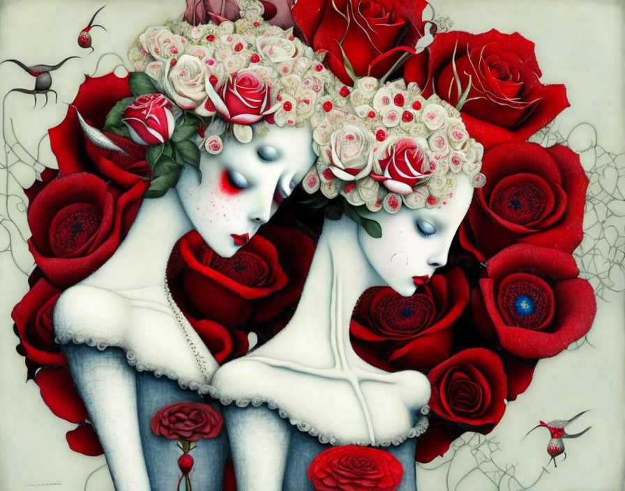 Pale figures with rose hair among red blooms and surreal details.