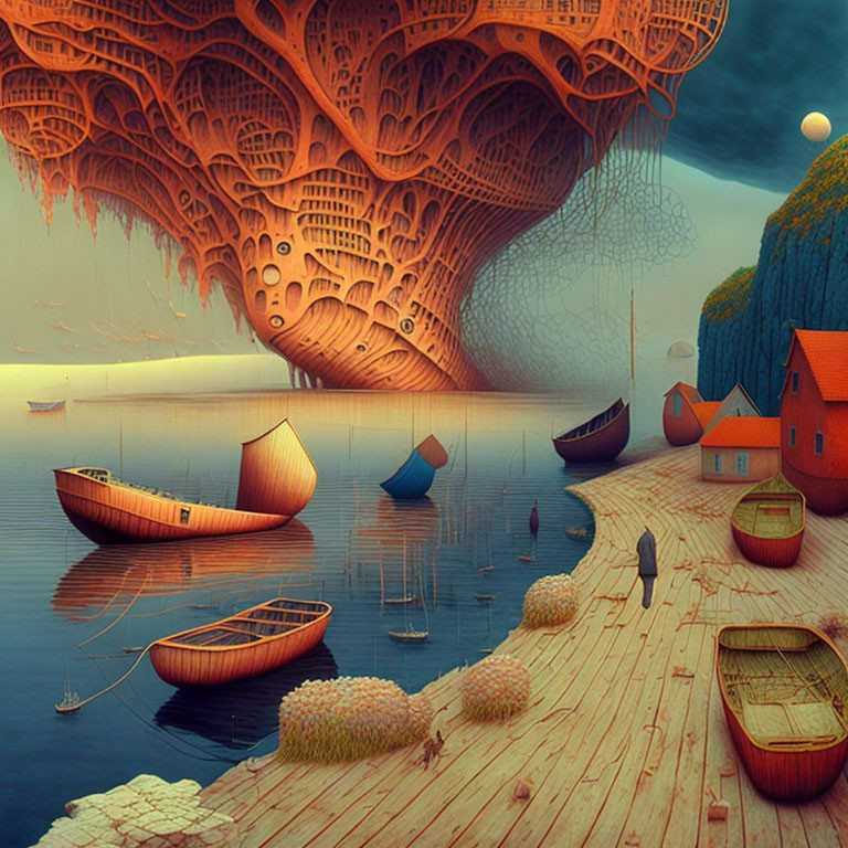 Surreal landscape with boats, houses, person, and intricate tree structure