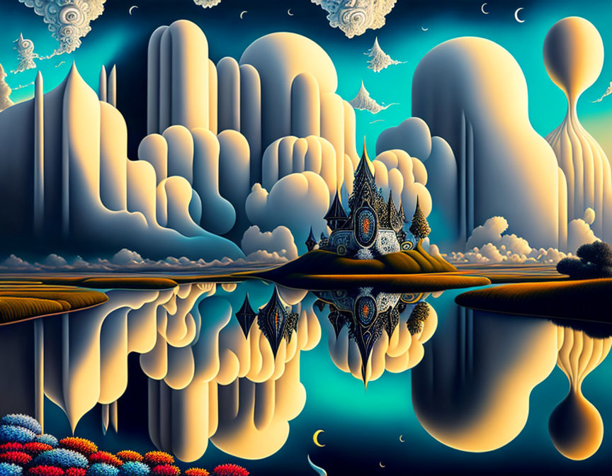 Surreal landscape with towering rock formations, reflective water, floating elements, and a castle-like structure