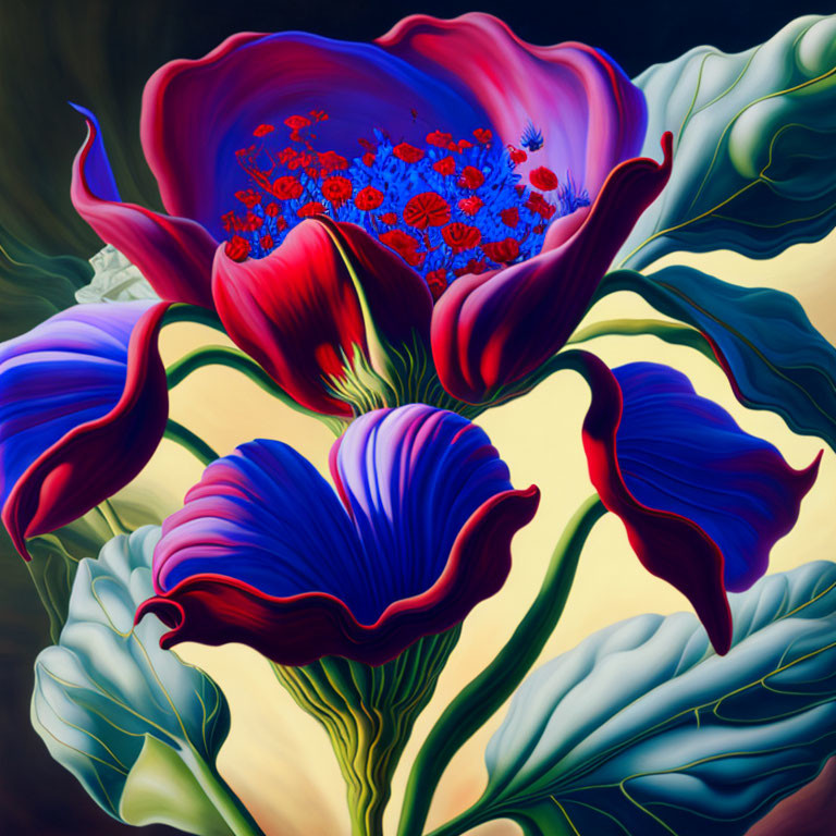 Colorful Stylized Painting of Large Purple Flower with Red Highlights