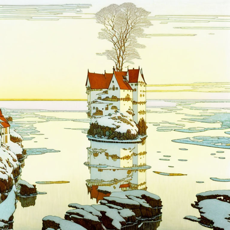 Surreal tower illustration with tree, snow, and water at sunset