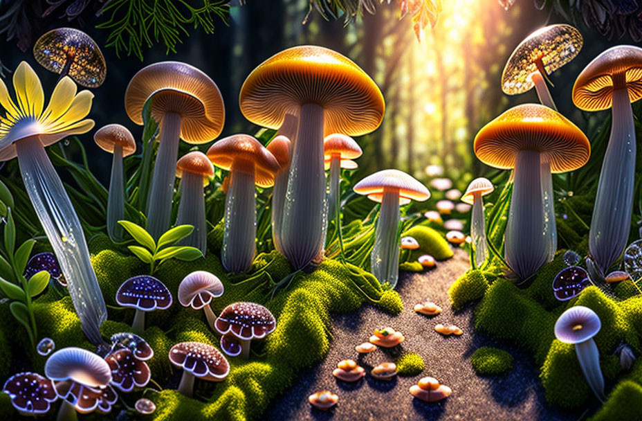 Ethereal forest scene with glowing mushrooms and plants