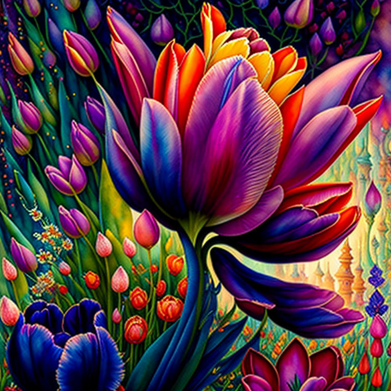 Colorful Painting of Large Tulip Surrounded by Blooming Tulips & Pagoda Silhouette