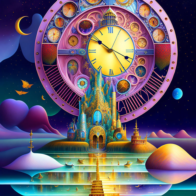 Fantastical illustration of grand clock, castle, gears, starry sky.