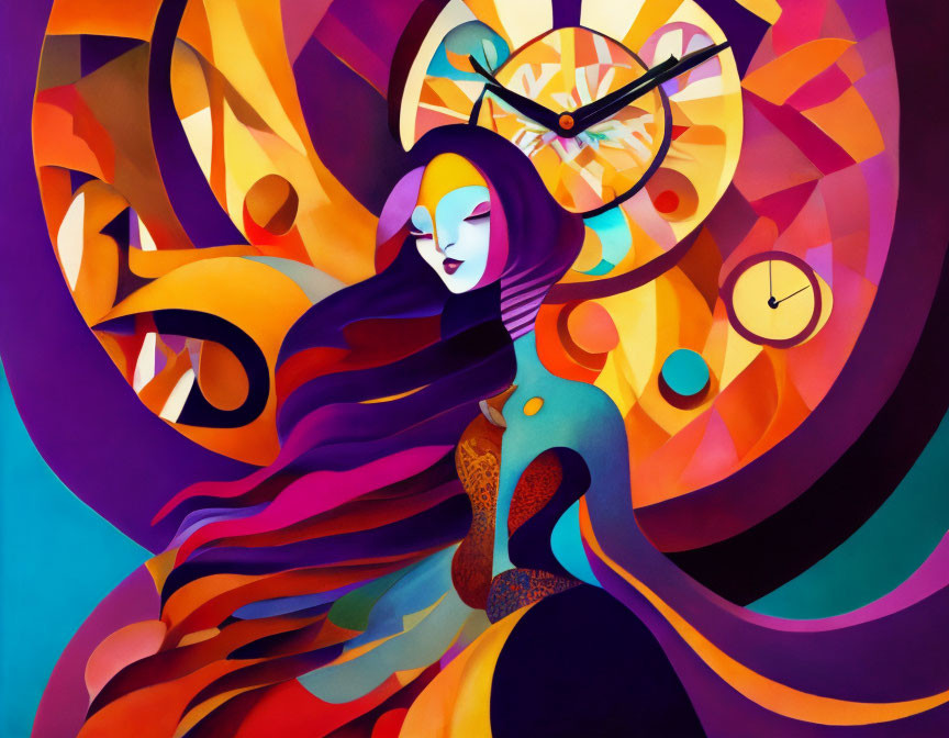 Colorful Abstract Painting: Stylized Female Figure Surrounded by Clocks