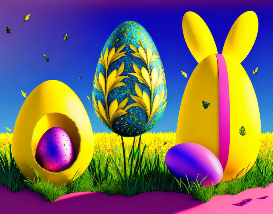 Vibrant Easter Scene with Colorful Eggs and Bunny Figure