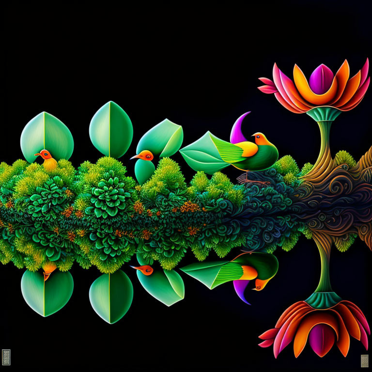 Colorful Digital Artwork: Stylized Birds, Lotus Flower & Foliage