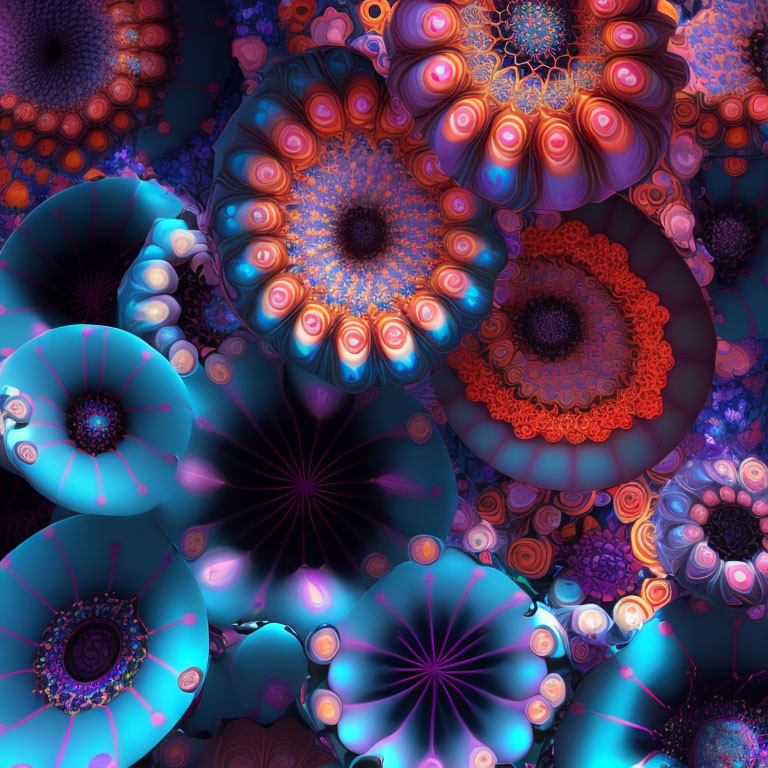 Colorful fractal flower patterns in blue, orange, and red on dark backdrop