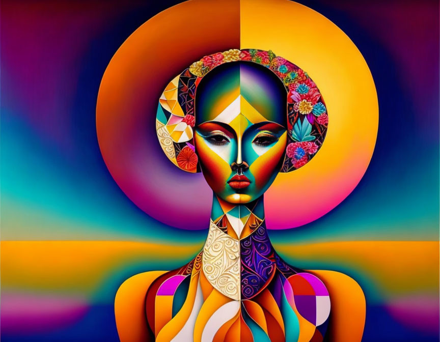 Abstract portrait with geometric patterns and stylized female figure on vibrant sunset backdrop