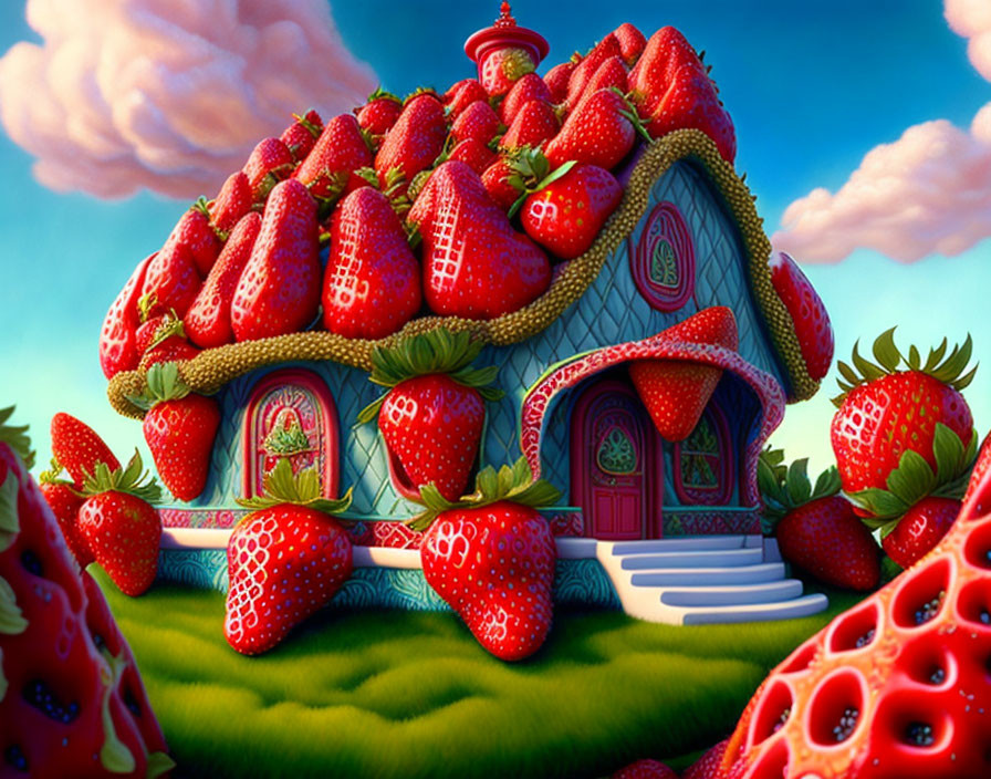 Whimsical house illustration with large strawberries and round windows