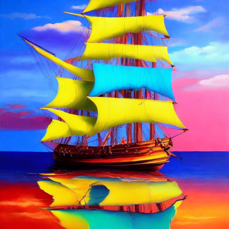 Colorful painting of ship with yellow and blue sails on vibrant sea and sky