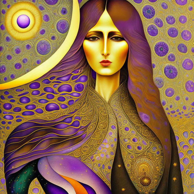 Stylized portrait of a woman with purple hair and golden skin