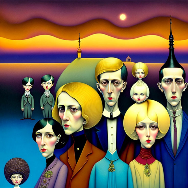 Colorful Stylized Painting of Exaggerated People in Surreal Landscape