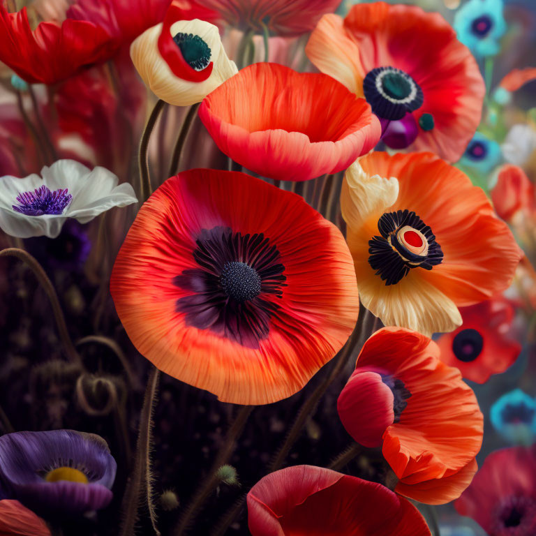 Colorful Poppy Flowers on Blurred Floral Background