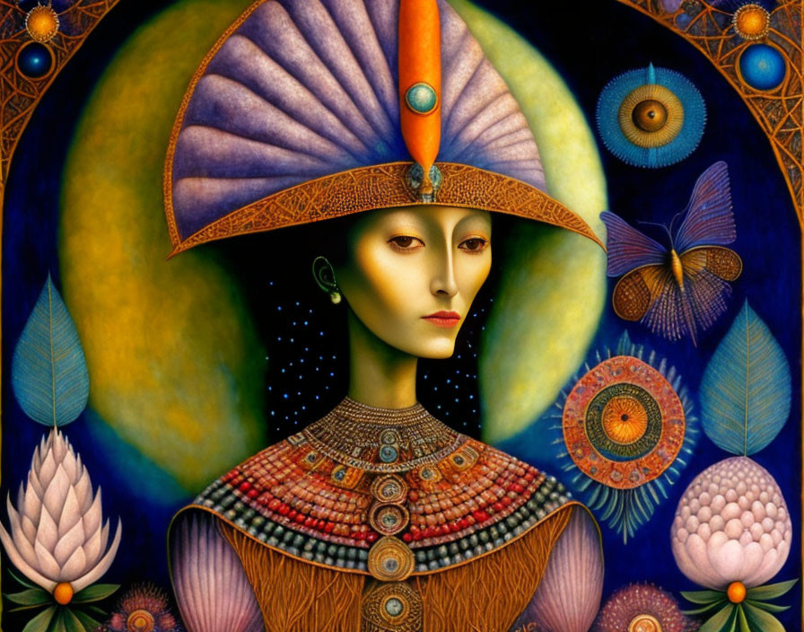 Surreal portrait featuring figure with fan-shaped headdress against cosmic background