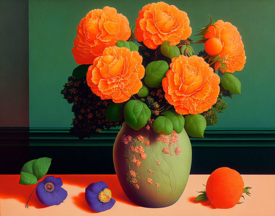 Colorful Still Life: Orange Roses in Decorated Vase with Blue Flowers and Fruit