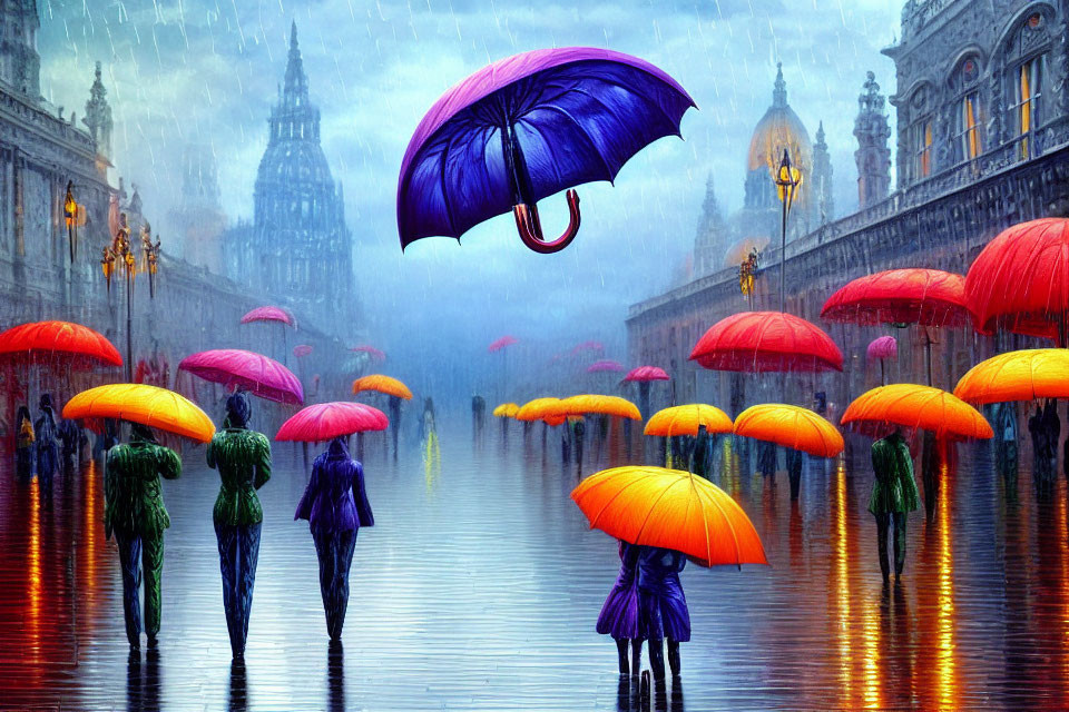 Vibrant umbrellas over rainy city street with historic building