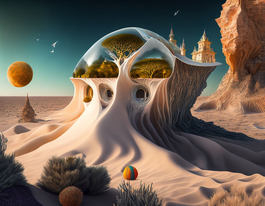 Surreal landscape with fluid structure, face reflection, trees, building domes, desert background,