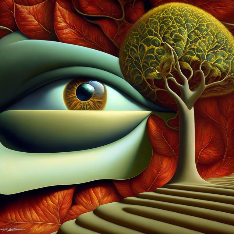 Surrealist artwork: Oversized eye, golden brain-like tree, red leaves, undulating terrain