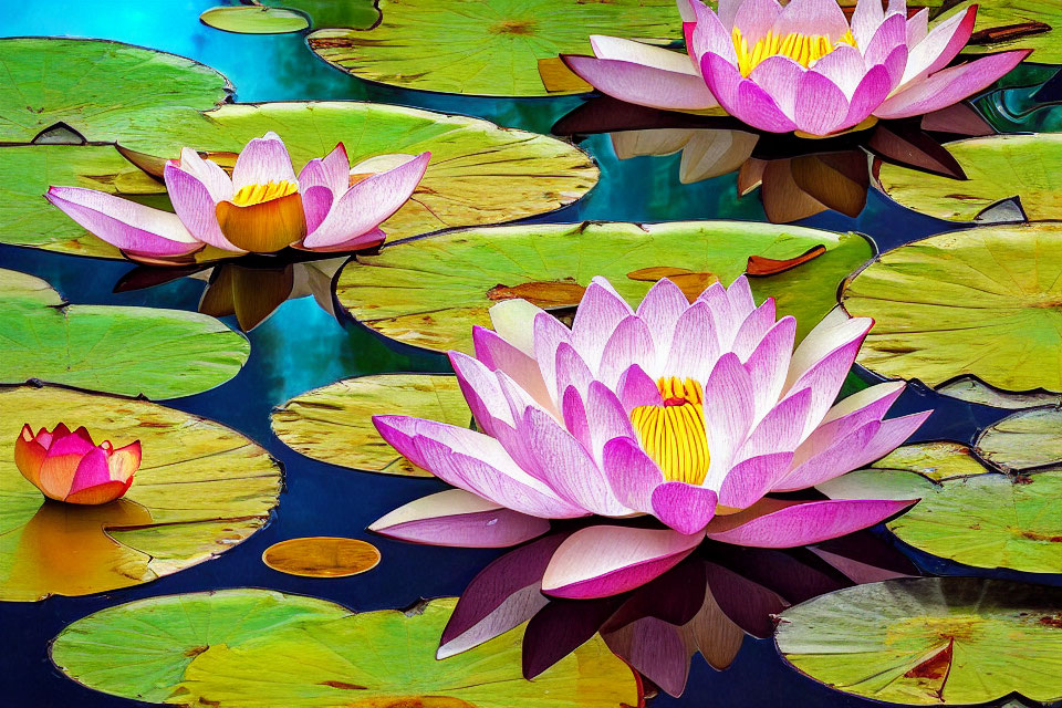 Colorful Pink Water Lilies and Green Lily Pads on Blue Water Surface