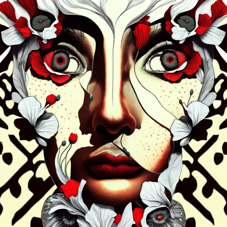 Symmetrical woman's face with red, black, and white floral patterns