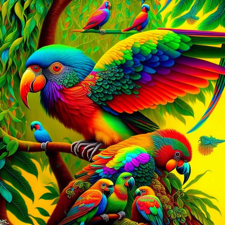 Colorful Parrots Perched on Branches in Lush Foliage