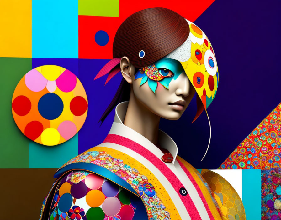 Colorful digital artwork: person with geometric and floral patterns