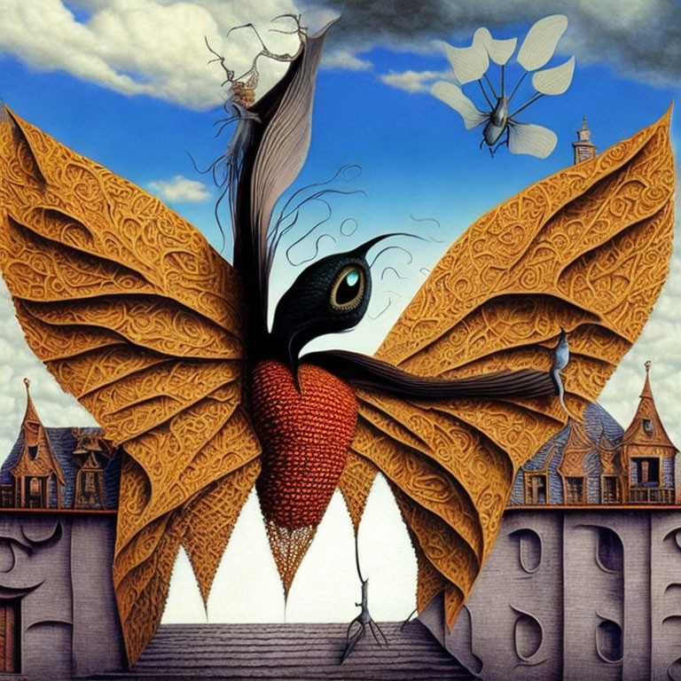 Surrealist artwork: peacock eye, butterfly wings, castle, blue sky