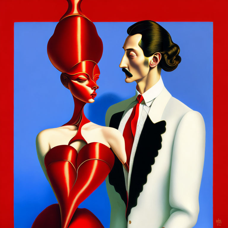 Surreal painting featuring man in white suit and woman in red with elongated headpiece on blue