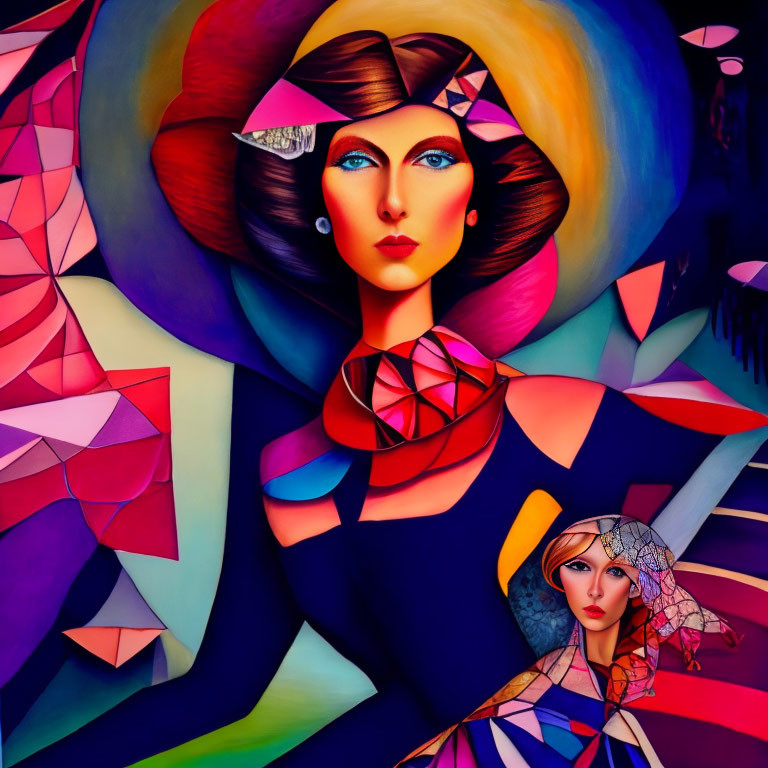 Vibrant abstract portrait featuring two stylized women with geometric patterns