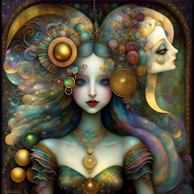 Fantastical artwork of two stylized female faces with ornate, gold-accented hair and