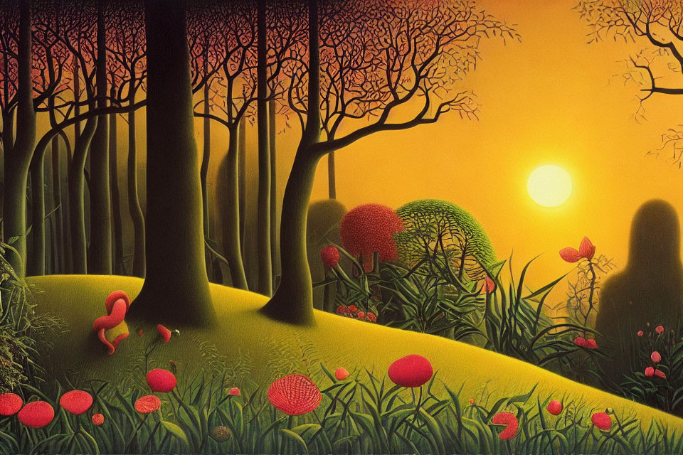 Surreal landscape with stylized trees, golden sky, and red mushrooms