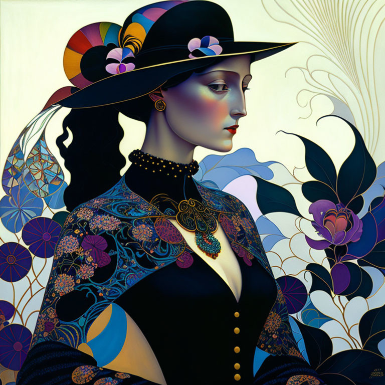 Illustrated portrait of woman in flowery hat with jewelry and floral patterns