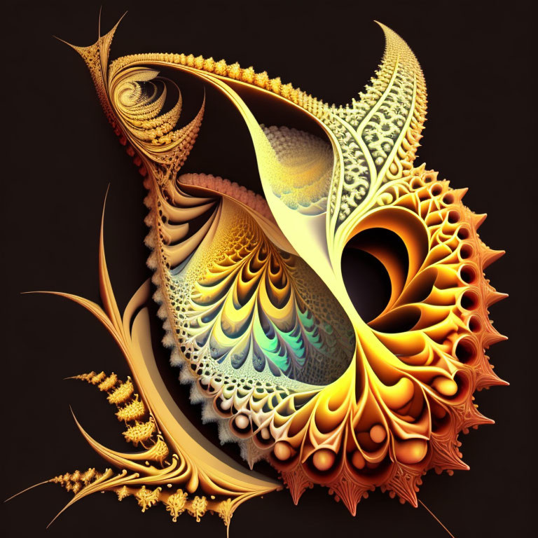 Detailed Golden Fractal Design with Spirals and Feathers on Dark Background