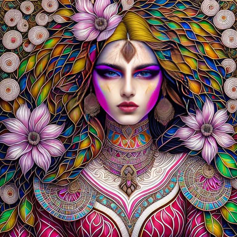 Colorful digital artwork: Woman with purple makeup in intricate floral and geometric patterns