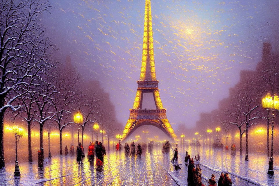 Eiffel Tower illuminated at night with snow falling