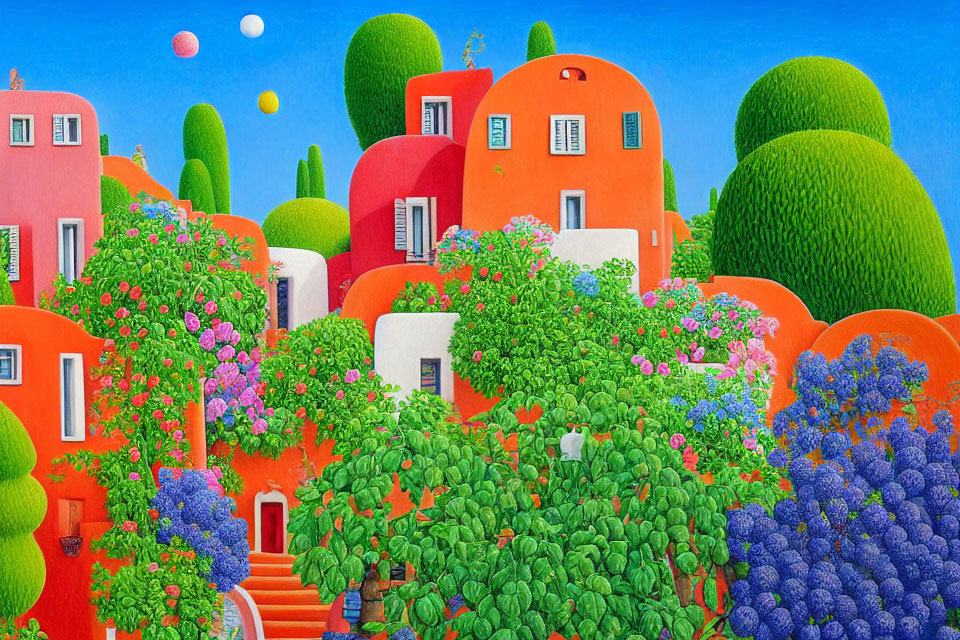 Vibrant illustration of whimsical village with orange houses, green trees, and blooming flowers under