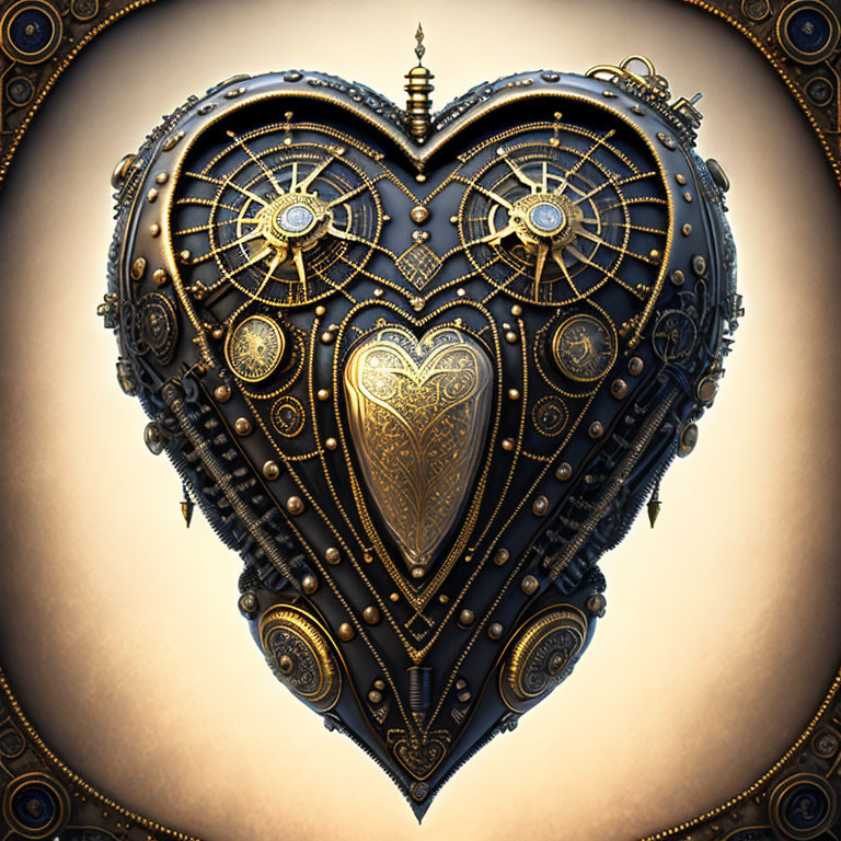 Intricate Steampunk Heart with Metalwork and Blue Gemstone Eyes