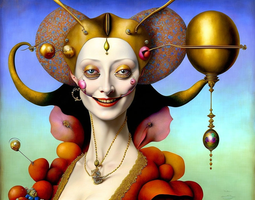 Surreal character portrait with jester-like hat, planetary ornaments, enigmatic smile, floral elements