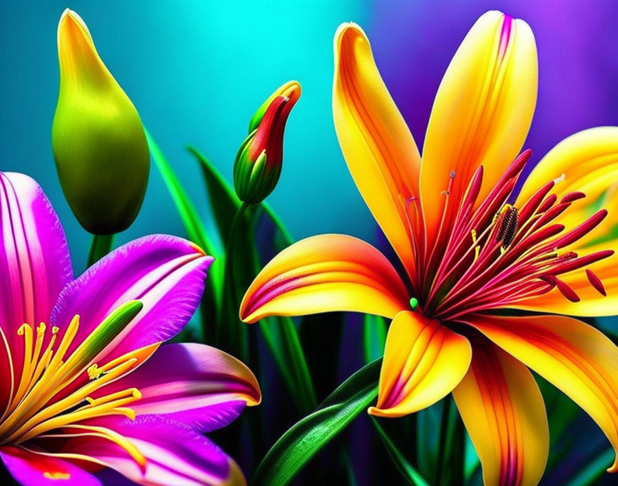 Colorful digital artwork: Blooming lilies with stamens on teal and violet background