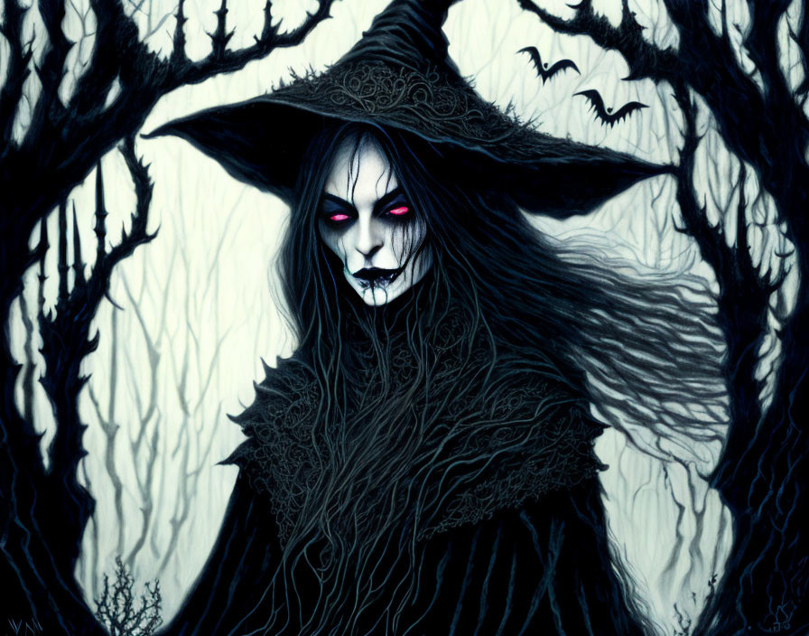 Spooky witch with red eyes in eerie forest setting